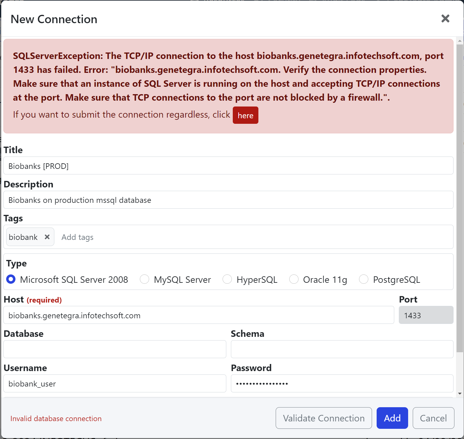 Invalid Database Connection